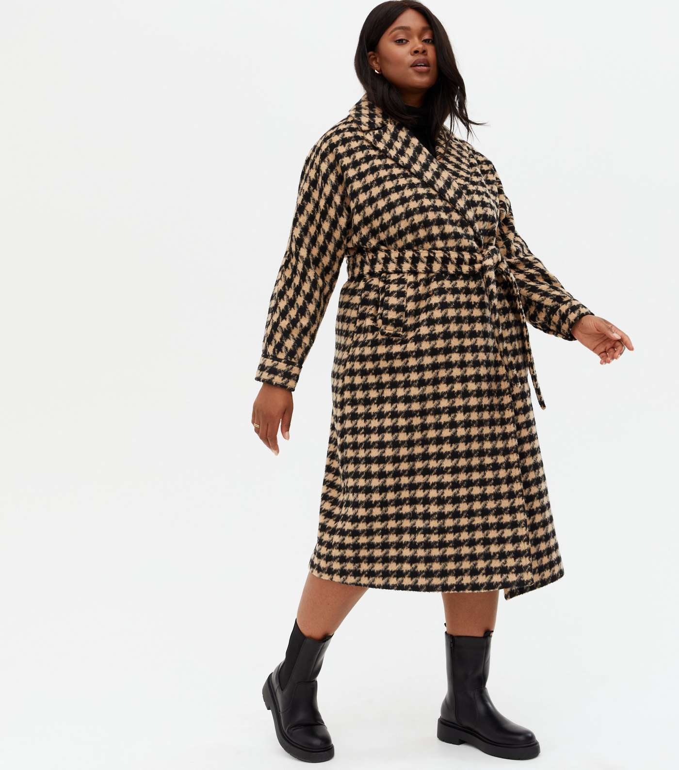 Curves Brown Dogtooth Long Belted Coat Image 2