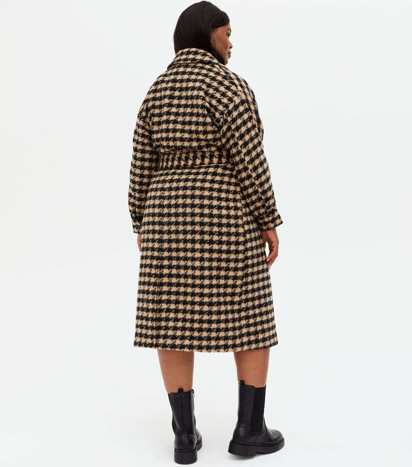 Curves Brown Dogtooth Long Belted Coat Image 4