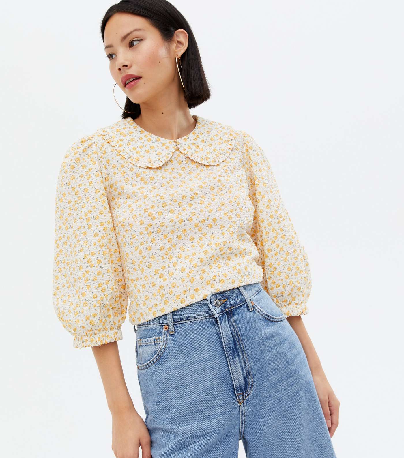 White Ditsy Floral Frill Collared Crop Blouse