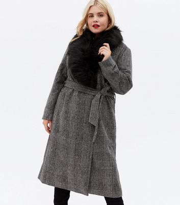 quiz checked faux fur trim jacket