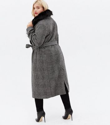 grey check faux fur trim coat