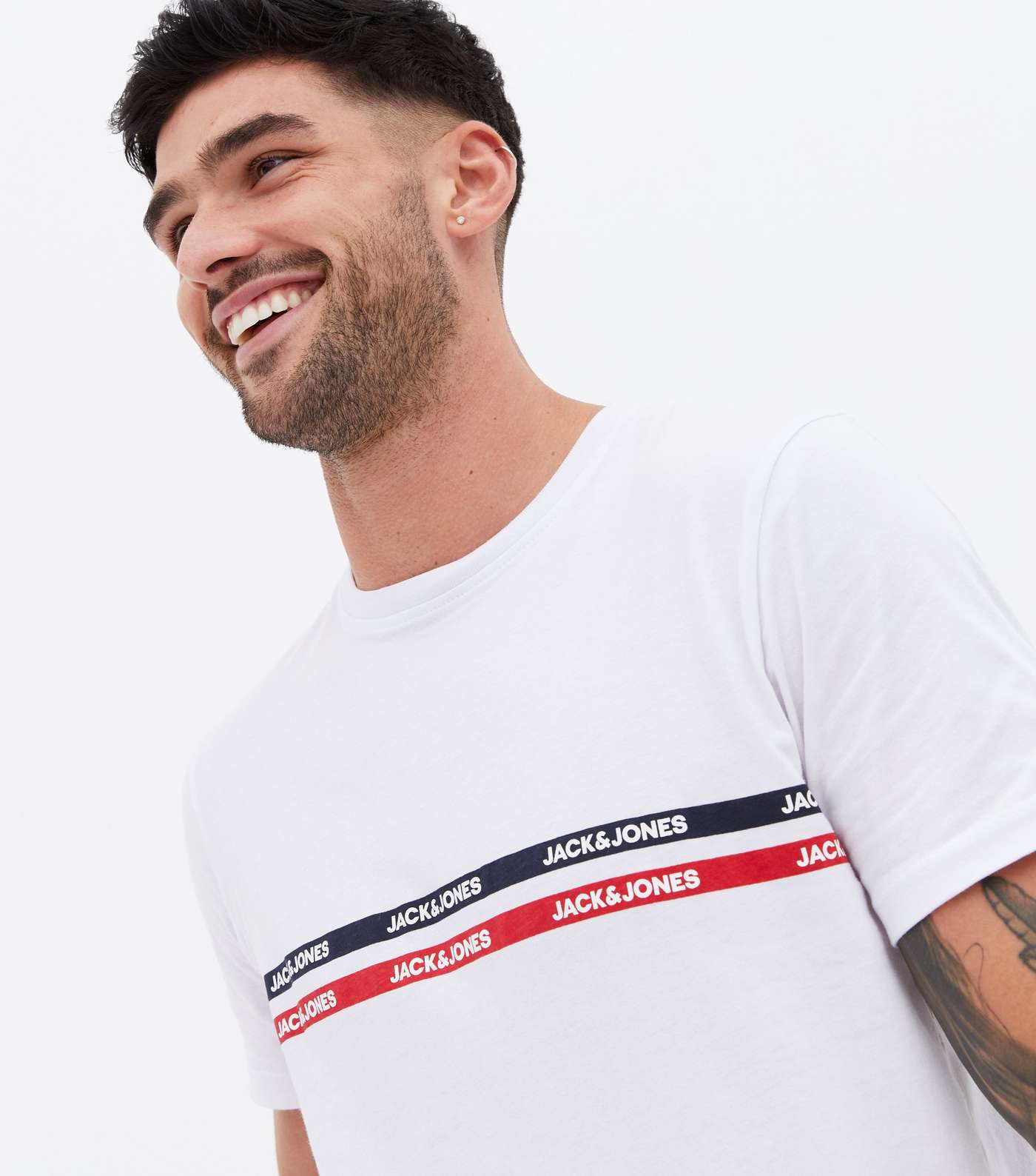 Jack & Jones White Stripe Logo Crew T-Shirt