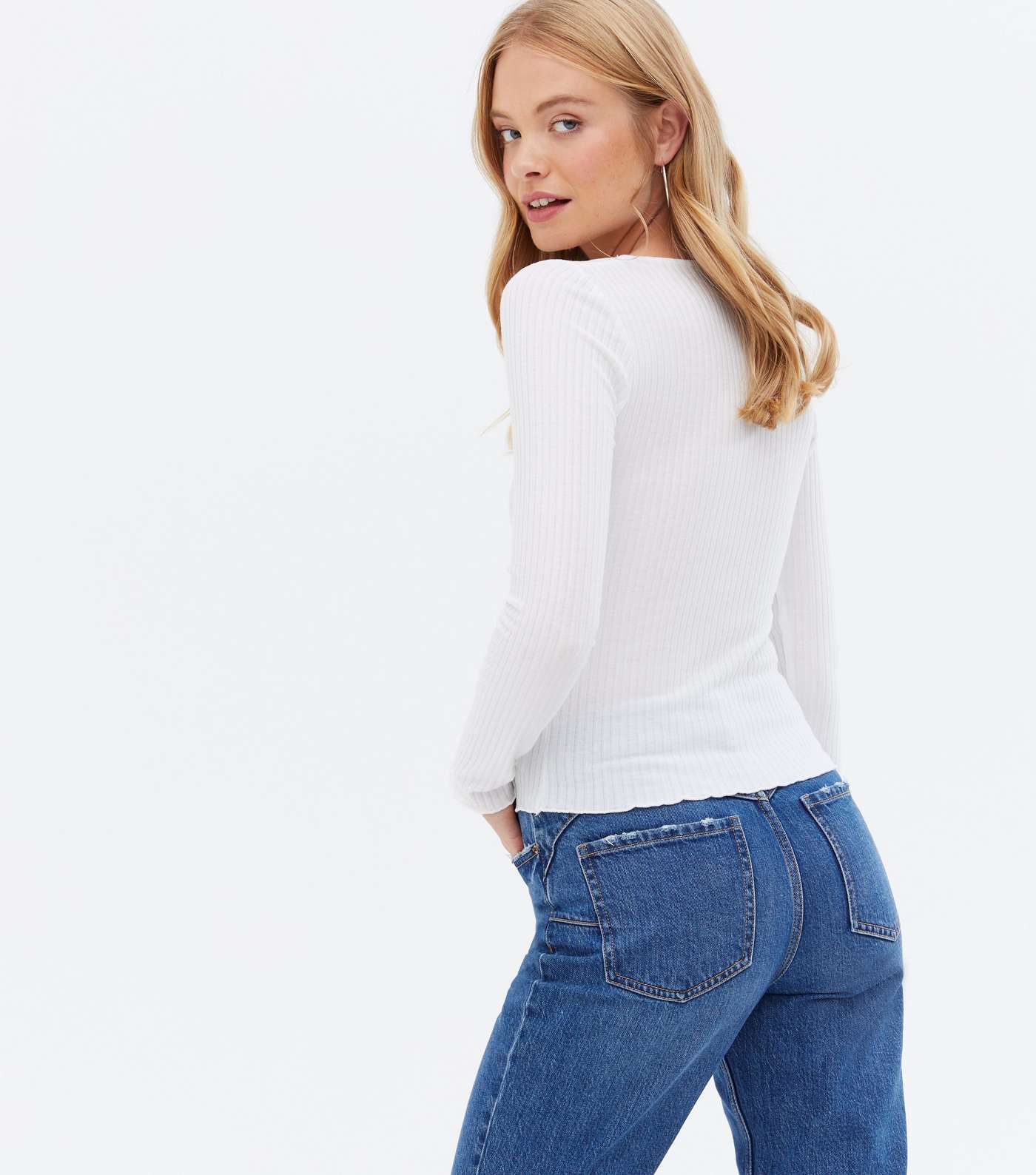 Cream Ribbed Button Long Sleeve Top Image 4