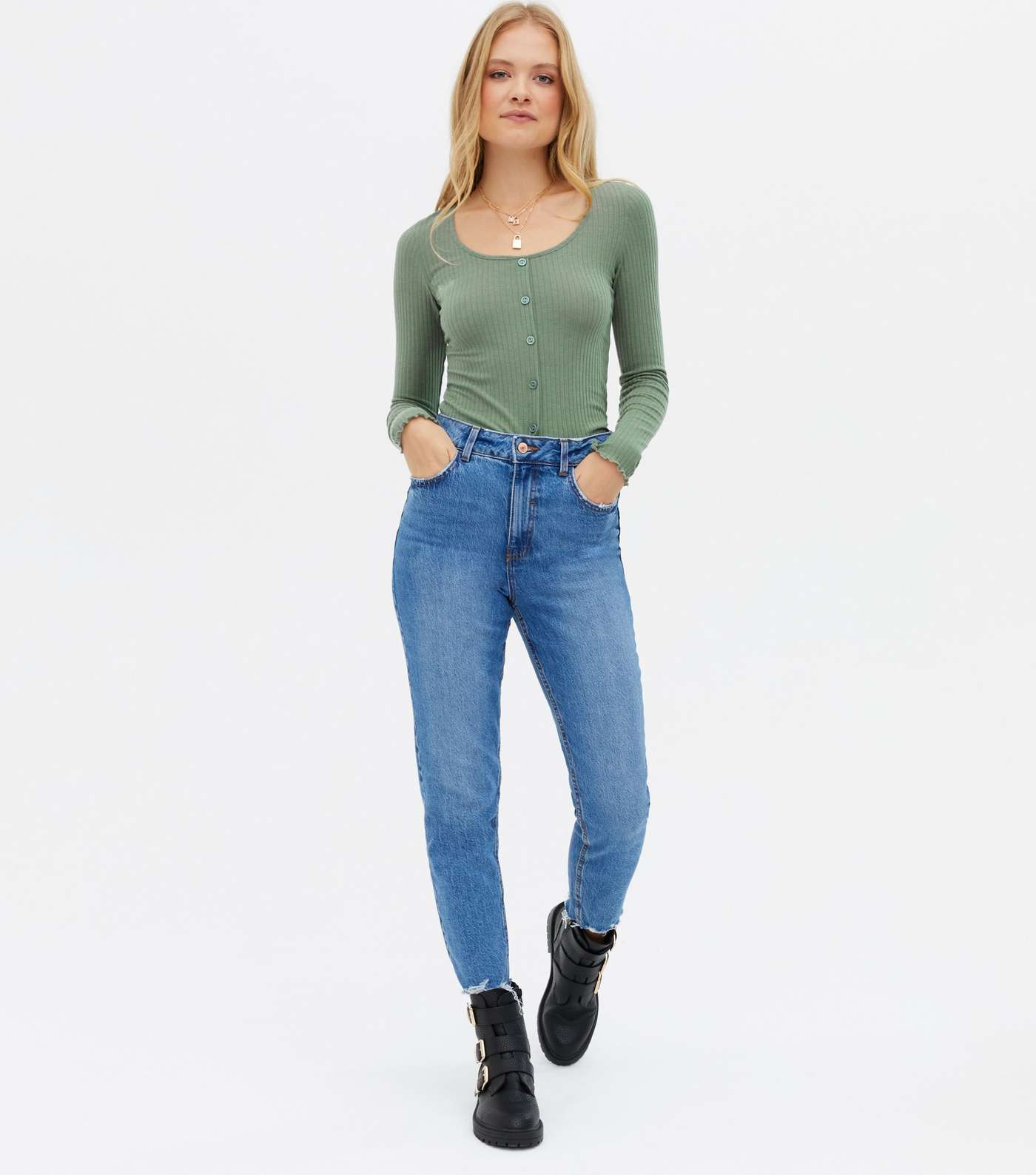Light Green Ribbed Button Long Sleeve Top Image 2