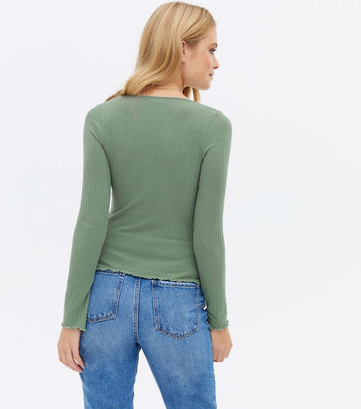Light Green Ribbed Button Long Sleeve Top Image 4