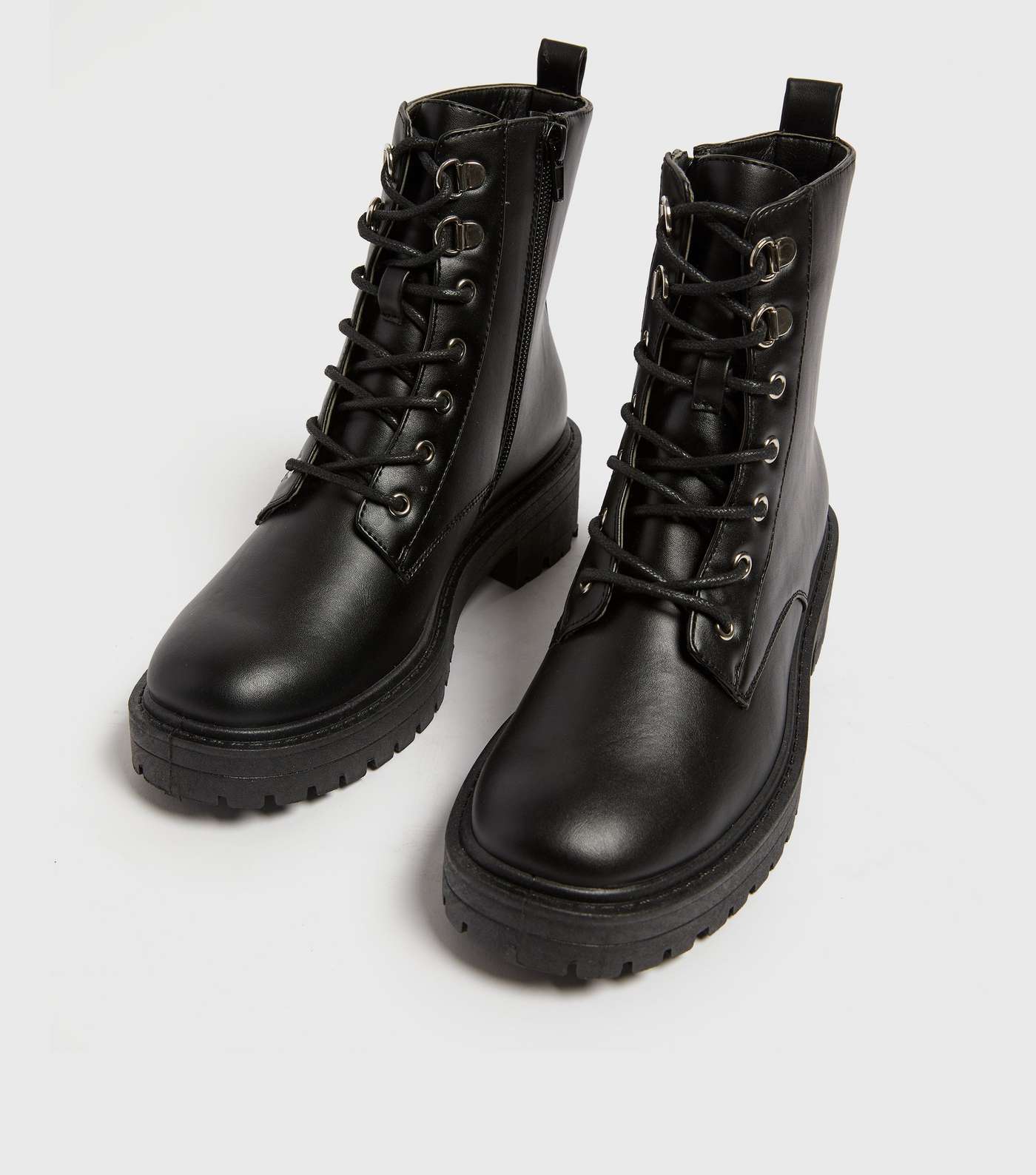 Black Leather-Look Chunky Lace Up Boots Image 3