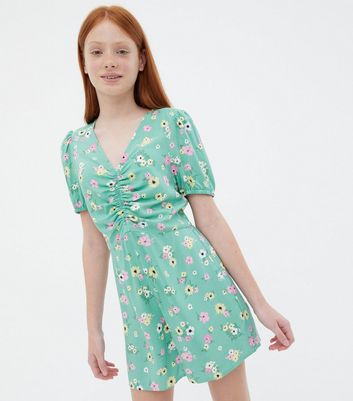 Girls Mint Green V Neck Ruched Playsuit New Look