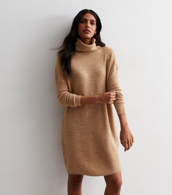 ONLY Tan Long Sleeve Cowl Neck Jumper Dress New Look