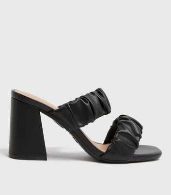 Black Ruched Double Strap Block Heel Mules