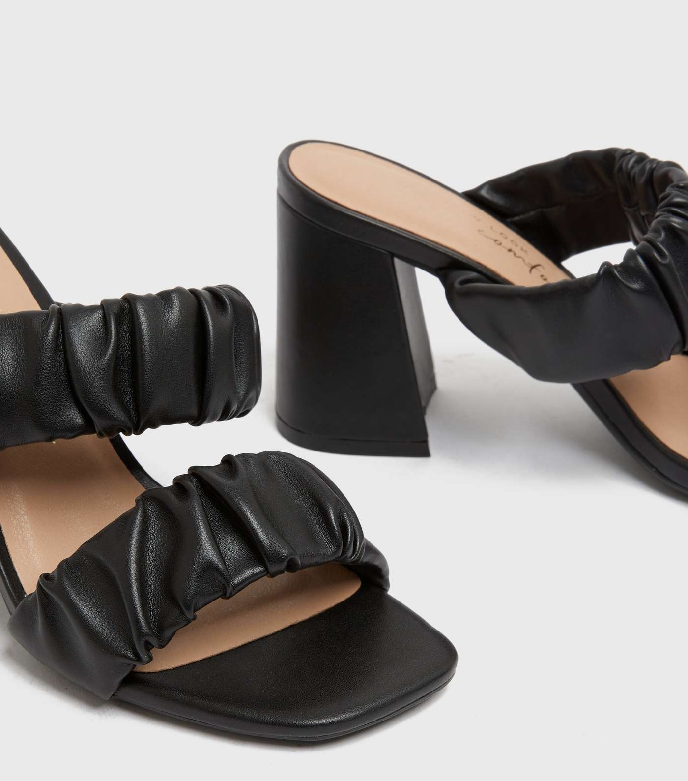 Black Ruched Double Strap Block Heel Mule Sandals Image 4