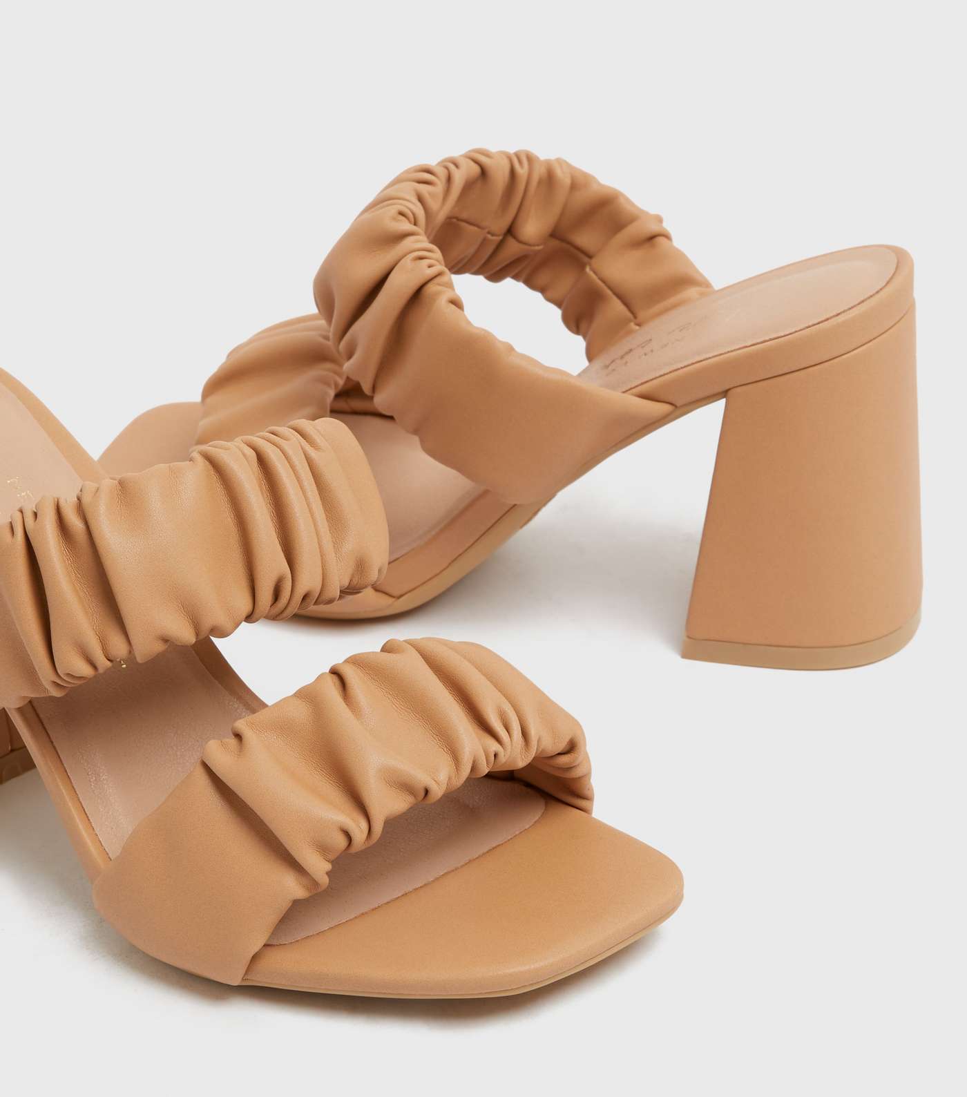 Camel Ruched Double Strap Block Heel Mule Sandals Image 3