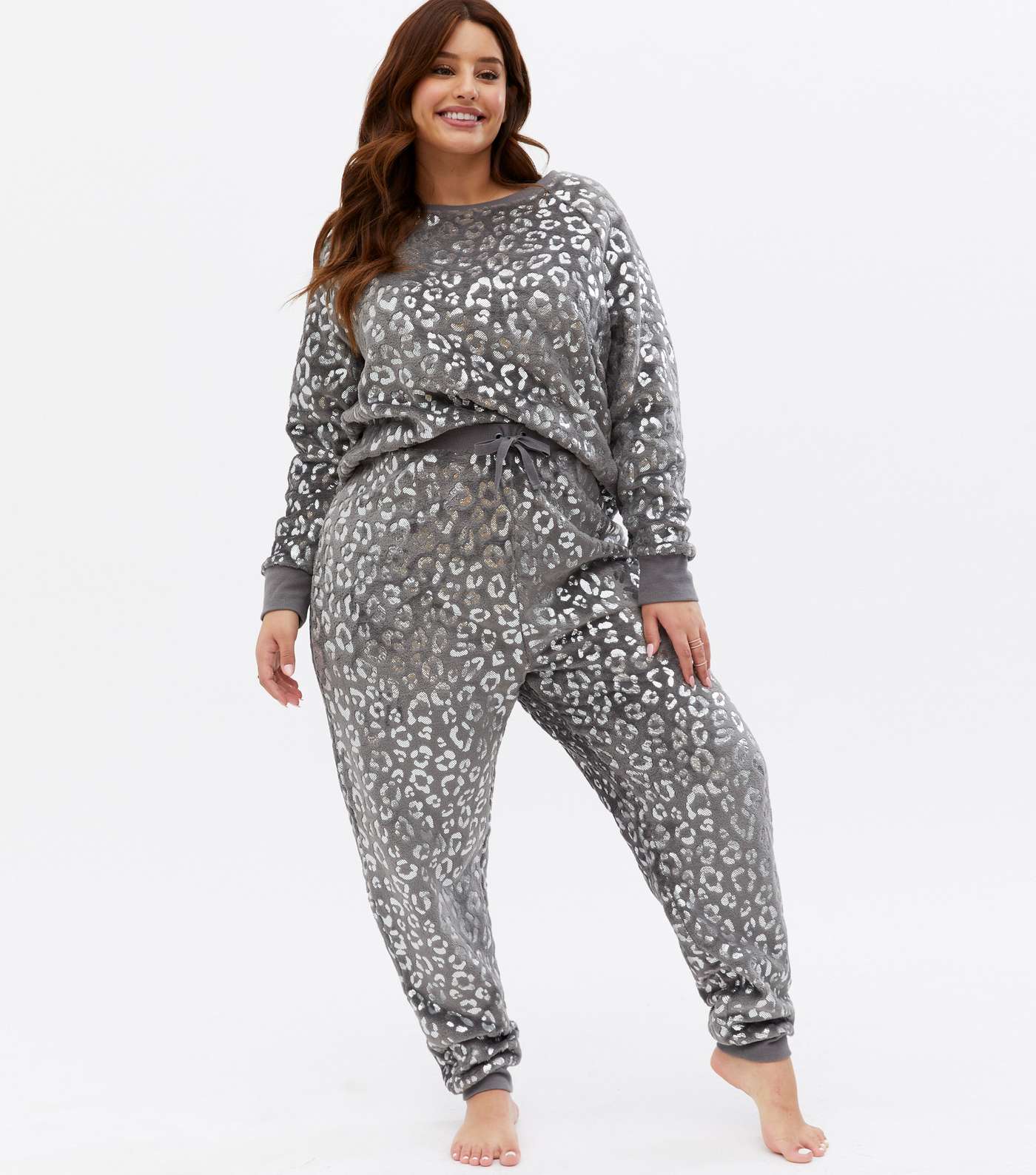 Curves Light Grey Metallic Leopard Print Pyjama Joggers