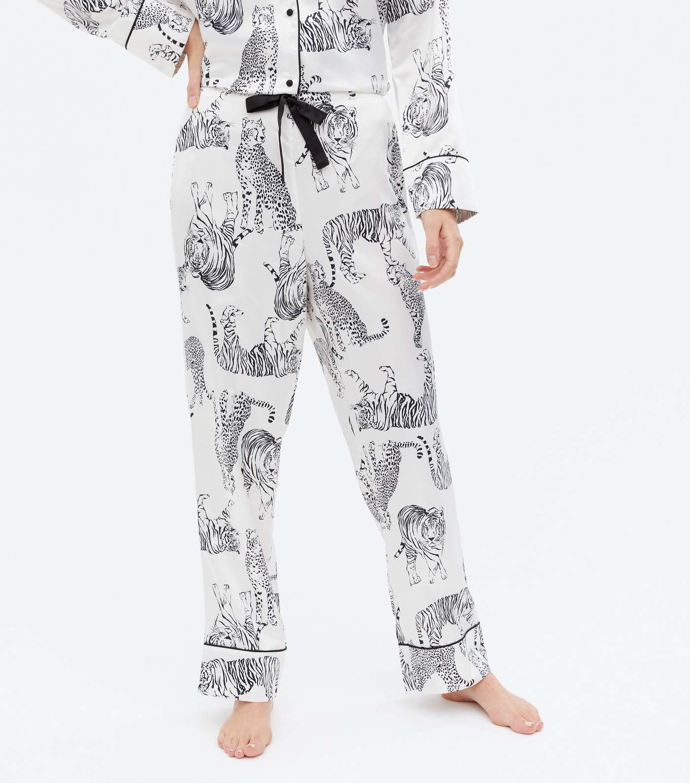 White Satin Shirt and Trouser Pyjama Set with Tiger Print Image 3
