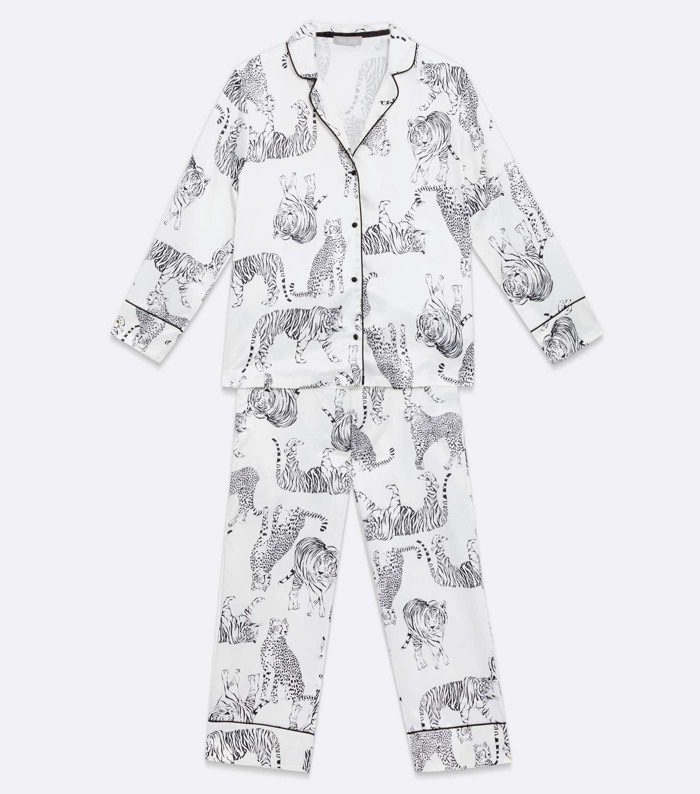 White Satin Shirt and Trouser Pyjama Set with Tiger Print Image 5