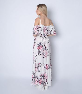 White Floral Cold Shoulder Maxi Dress 