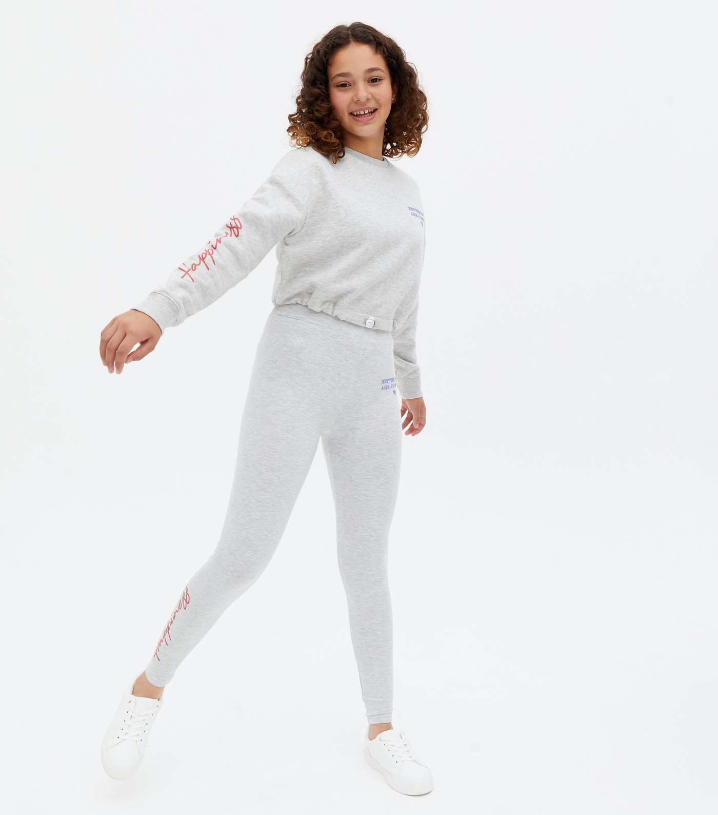 Girls Pale Grey Happiness Logo Sweatshirt and Leggings Set