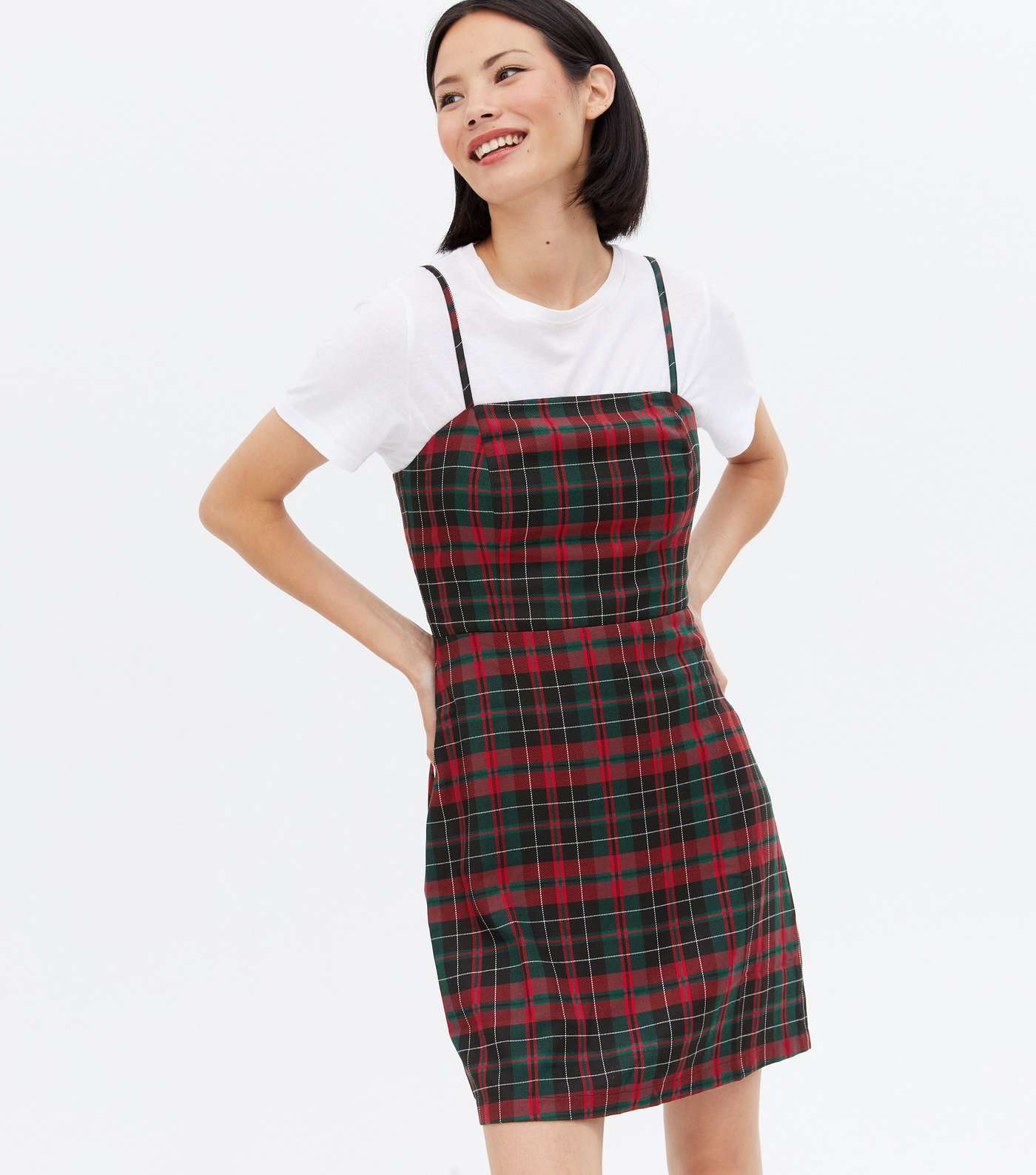 Red Check Square Neck Strappy Pinafore Dress