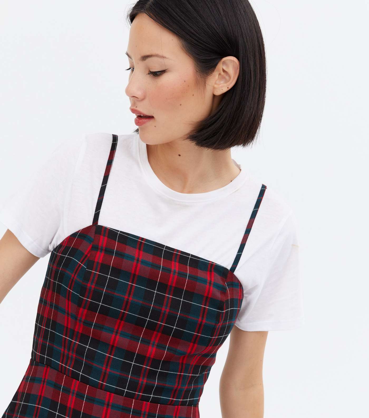 Red Check Square Neck Strappy Pinafore Dress Image 3