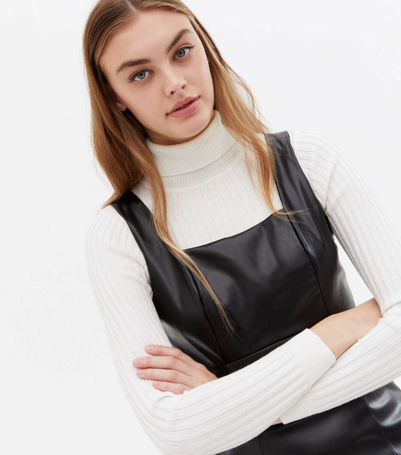 Black Leather-Look Square Neck Pinafore Dress Image 3