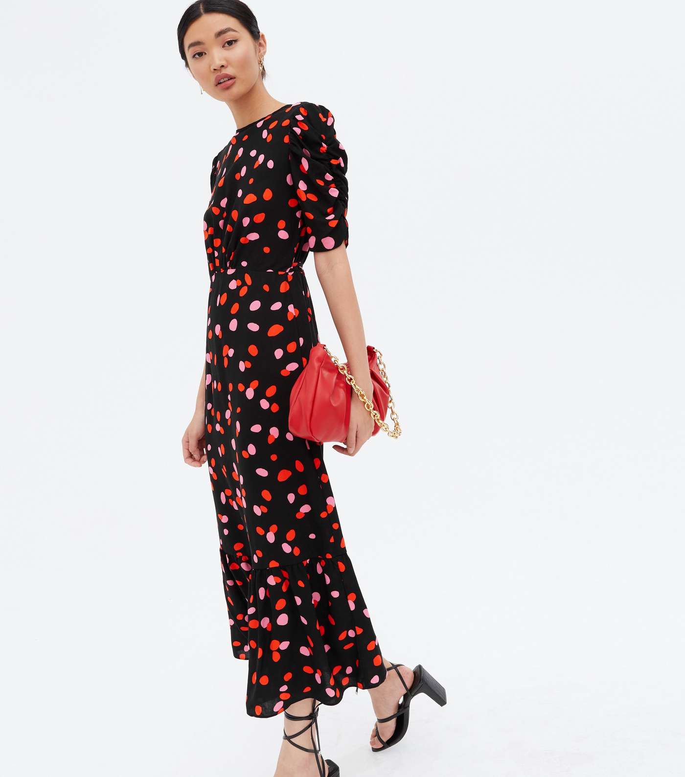 Black Spot Ruched Sleeve Tiered Midi Dress Image 2