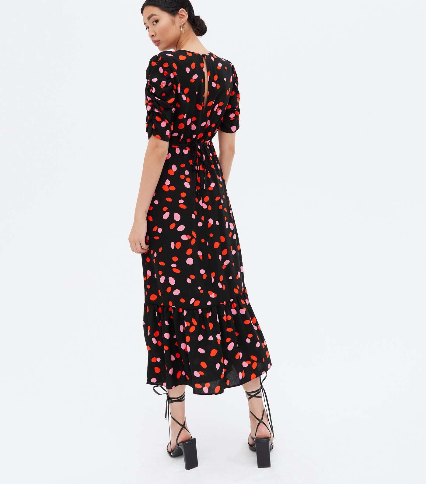 Black Spot Ruched Sleeve Tiered Midi Dress Image 4