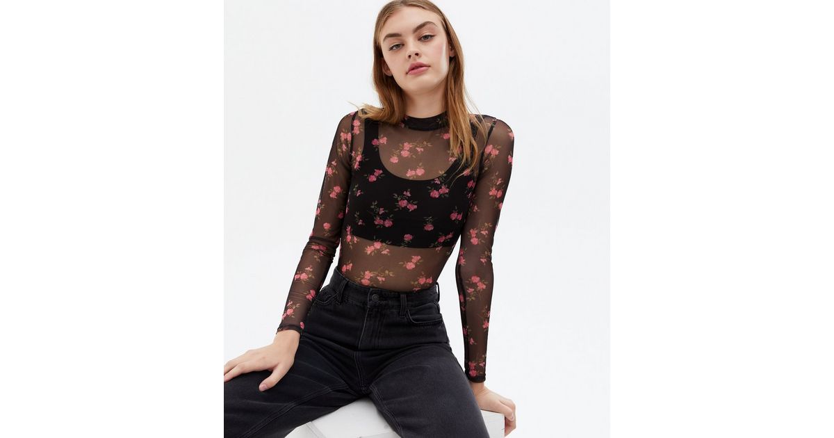 Black Floral Mesh High Neck Top | New Look