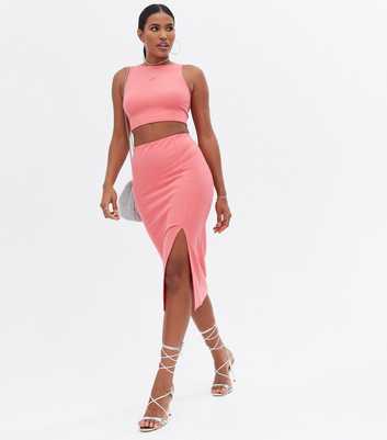 Pink Scuba Crop Top and Split Hem Midi Skirt Set