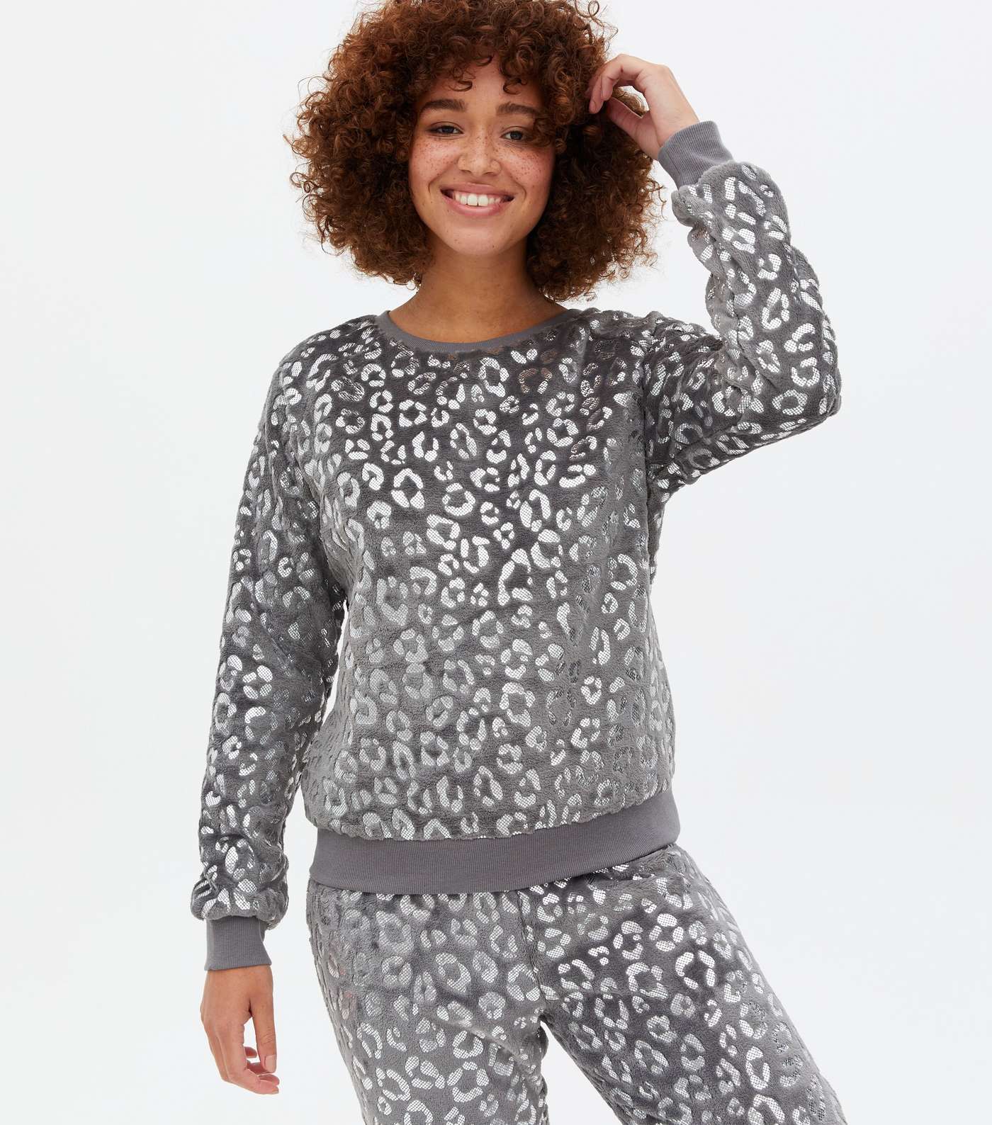 Light Grey Metallic Leopard Print Pyjama Sweatshirt