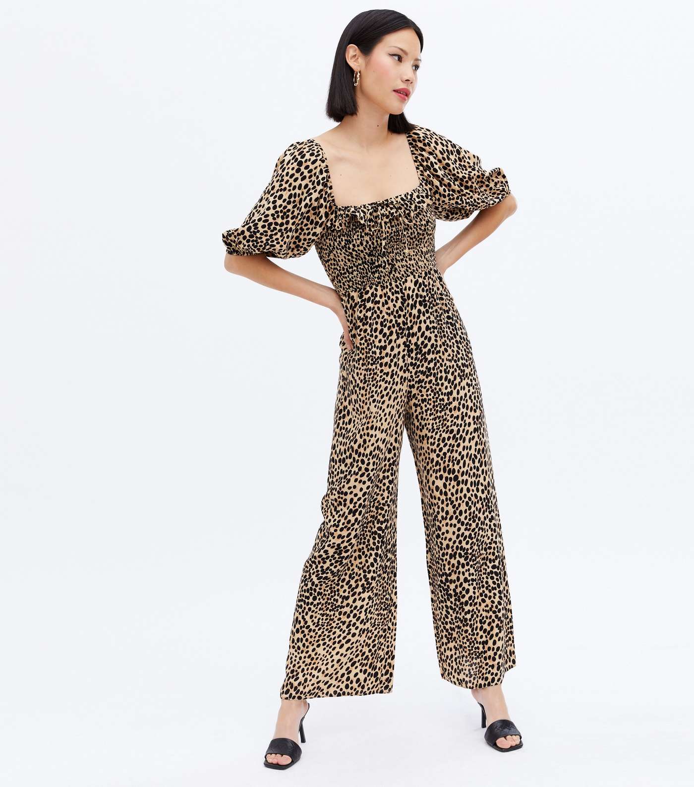 Brown Leopard Print Shirred Ruffle Jumpsuit