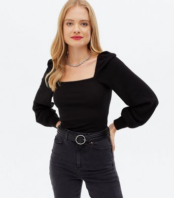 Black Brushed Fine Knit Square Neck Top | New Look