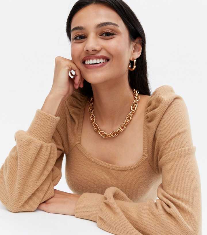 Camel Brushed Fine Knit Square Neck Top
