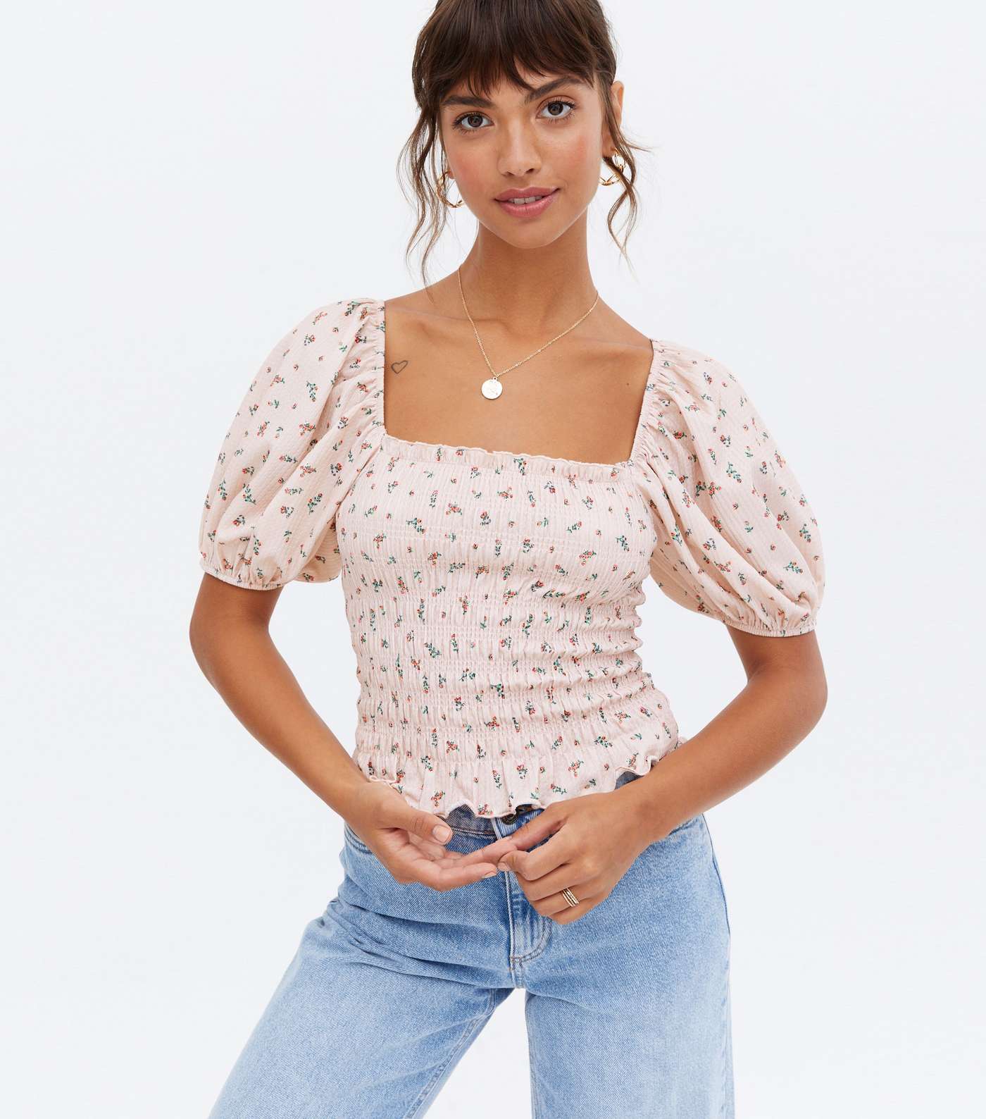 Pink Ditsy Floral Shirred Frill Blouse