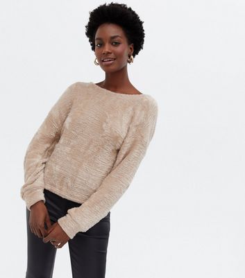 Camel Fine Knit Fluffy Twist Back Top | New Look