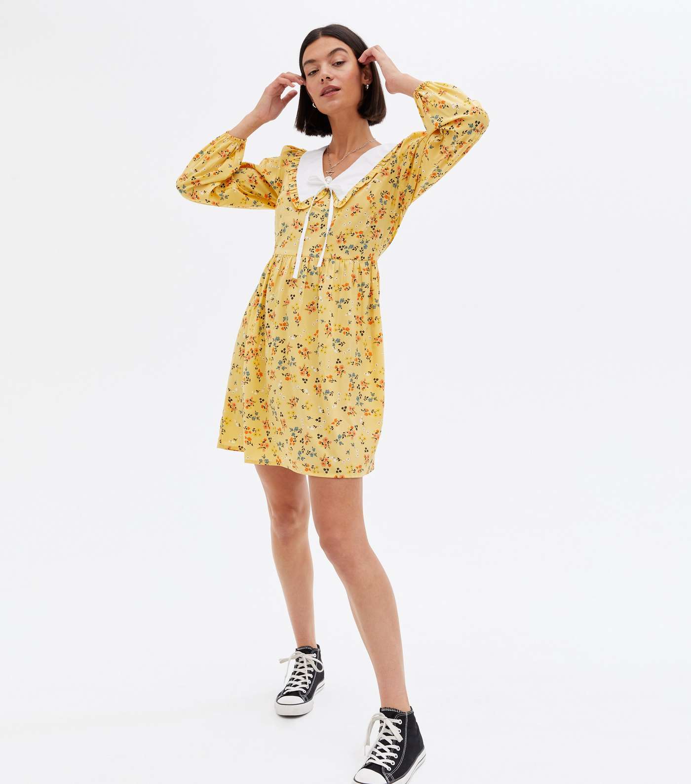 Mustard Ditsy Floral Collared Long Sleeve Mini Dress Image 2