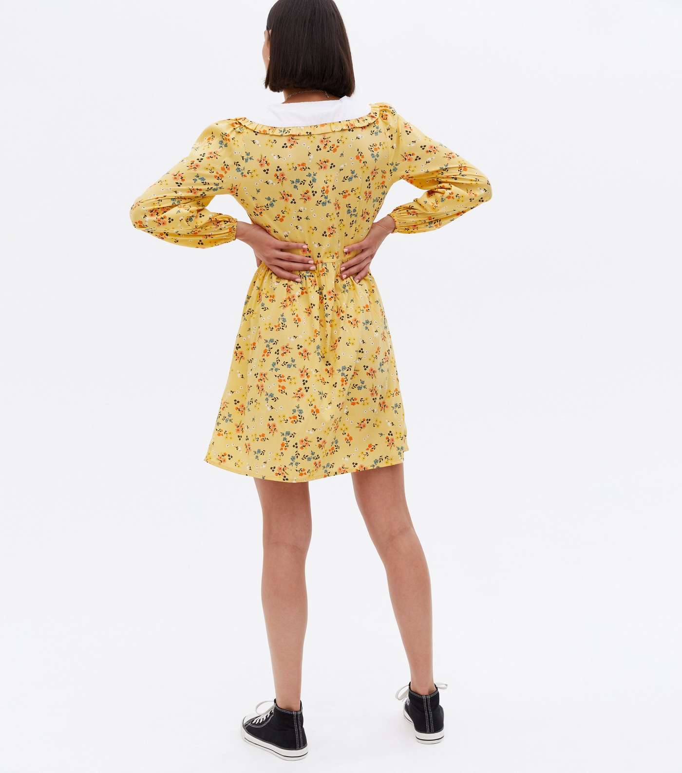 Mustard Ditsy Floral Collared Long Sleeve Mini Dress Image 4
