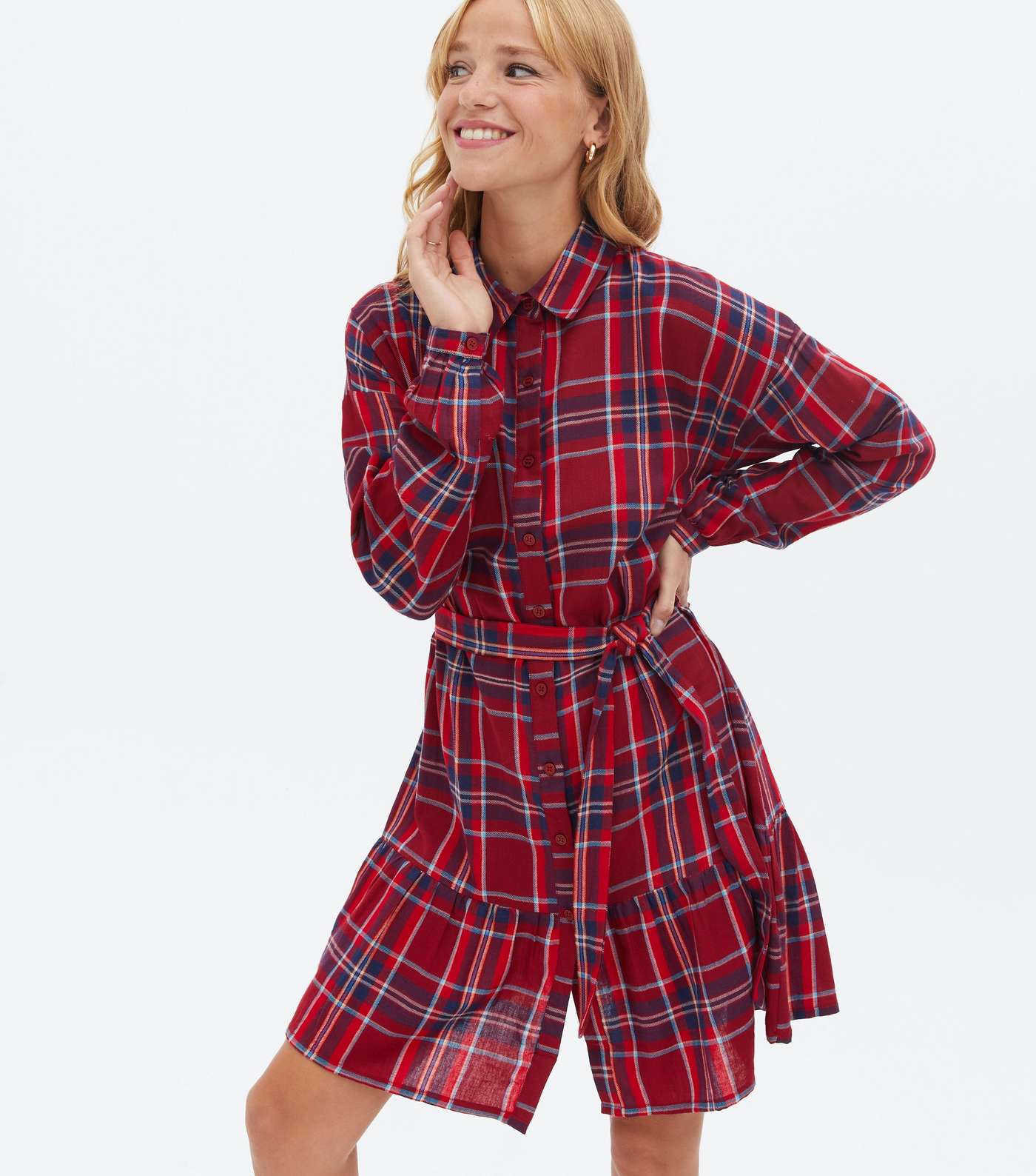 Red Check Tie Front Mini Shirt Dress Image 3