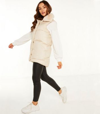 QUIZ Cream Padded Faux Fur Collared 