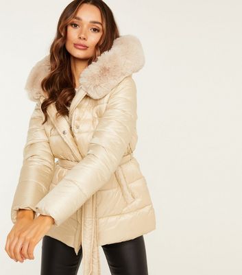 Quiz Stone Faux Fur Hood Belted Puffer Jacket New Look