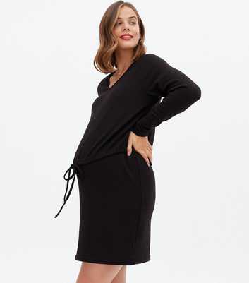Maternity Black Jersey Tie Waist Nursing Mini Dress