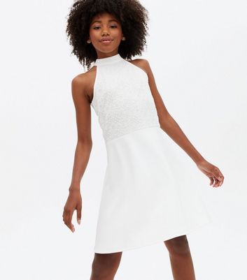 halter neck white skater dress