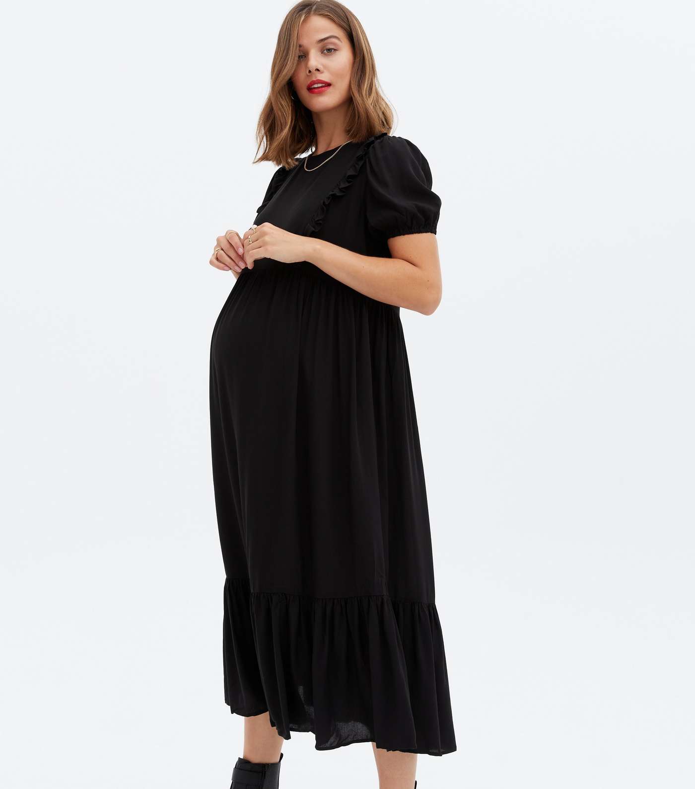 Maternity Black Ruffle Zip Nursing Midi Smock Dress