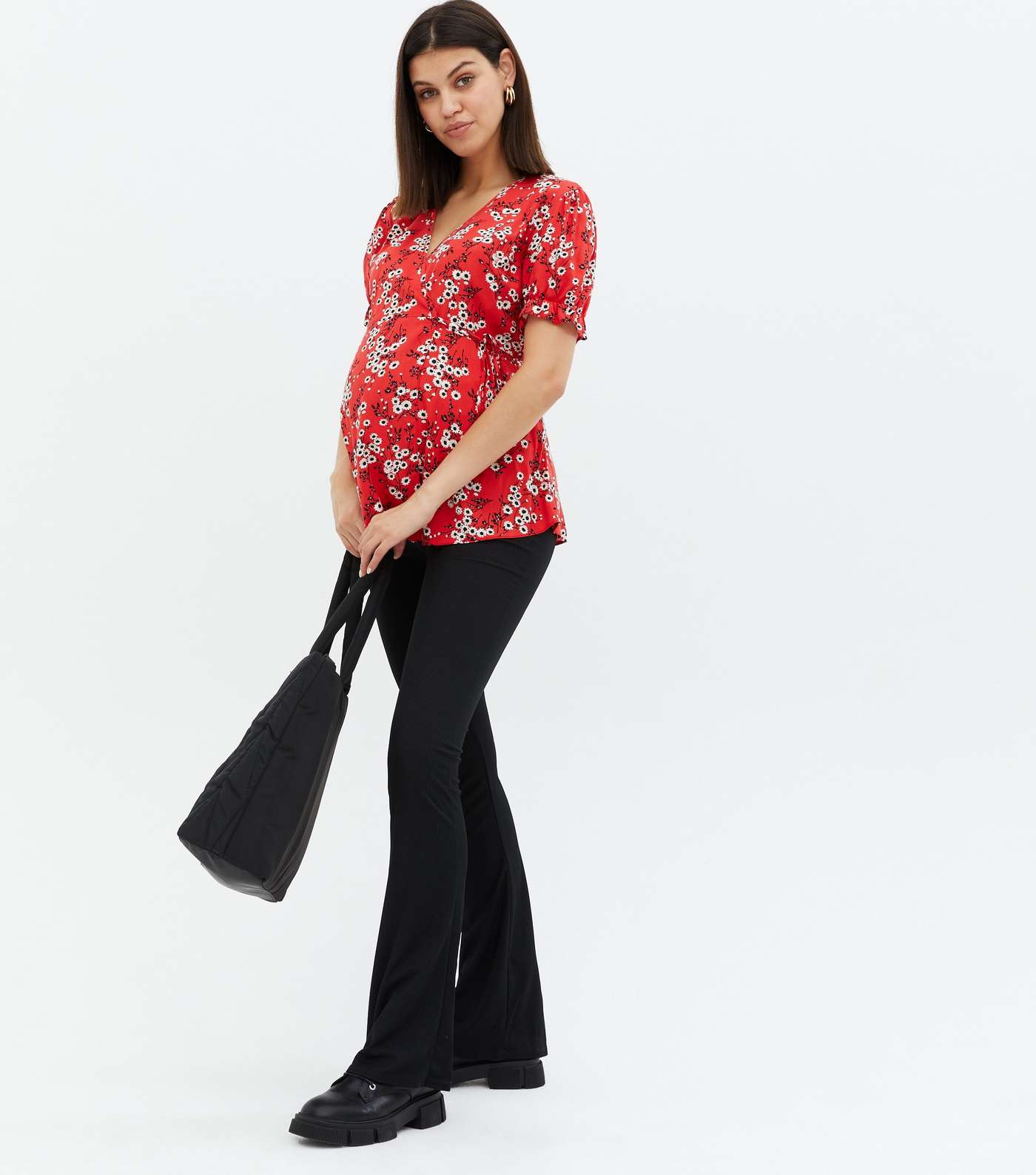 Maternity Red Floral Puff Sleeve Wrap Blouse Image 2