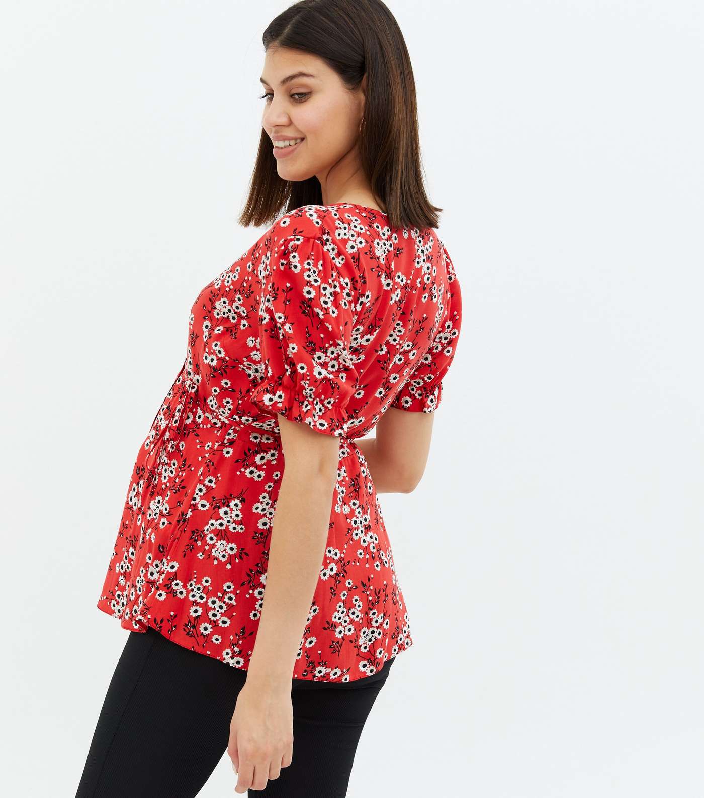 Maternity Red Floral Puff Sleeve Wrap Blouse Image 4