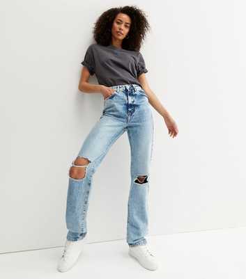 Tall Blue Ripped Full Length Anica Straight Leg Jeans