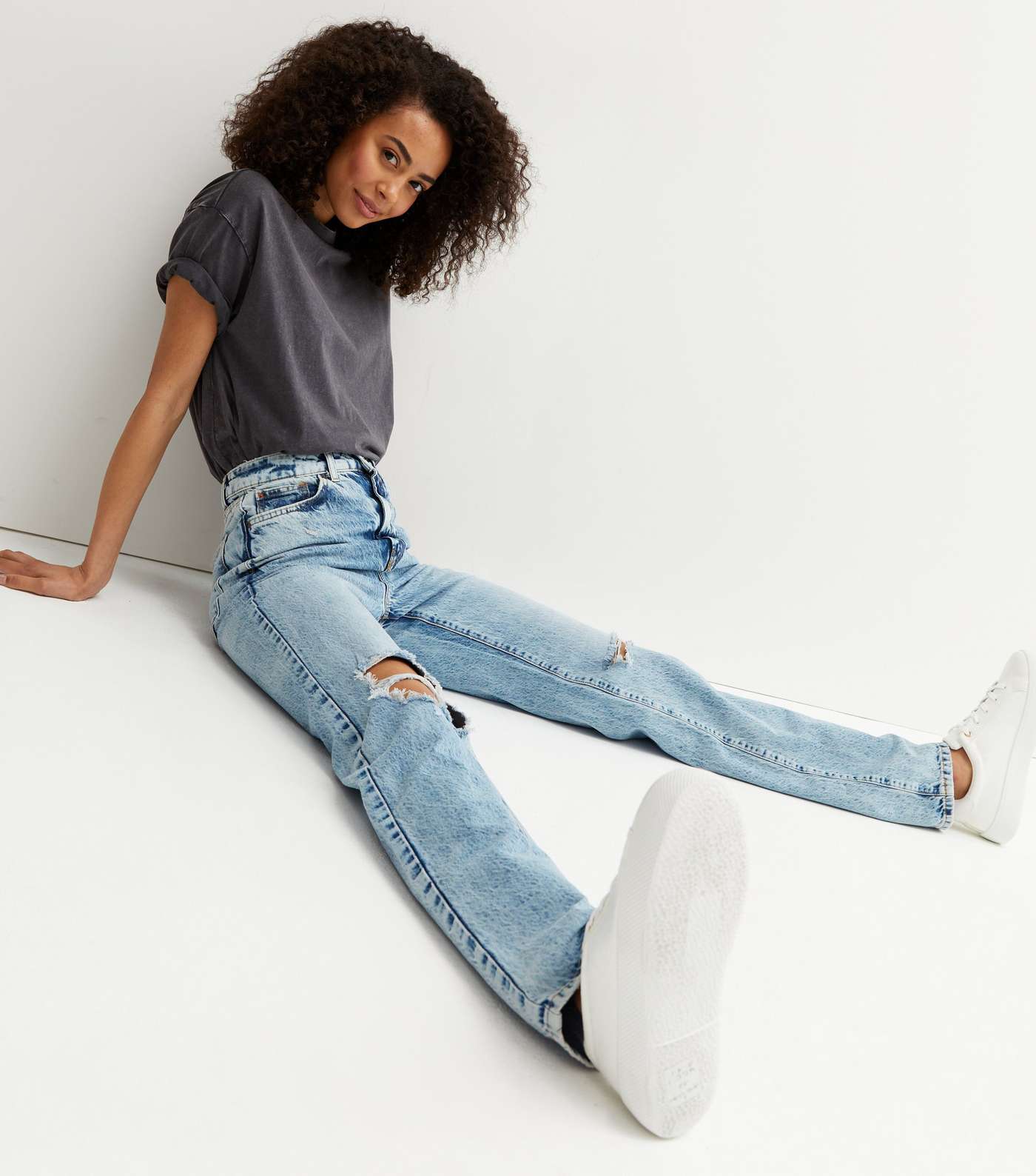 Tall Blue Ripped Full Length Anica Straight Leg Jeans Image 2