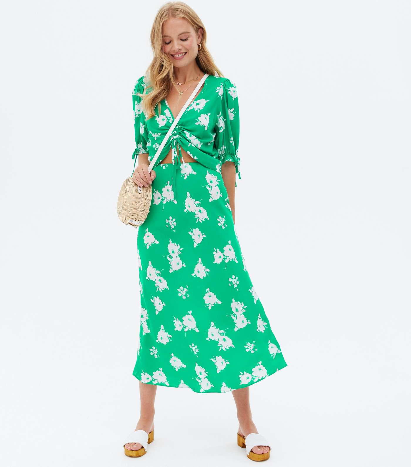 Green Floral Bias Cut Midi Skirt