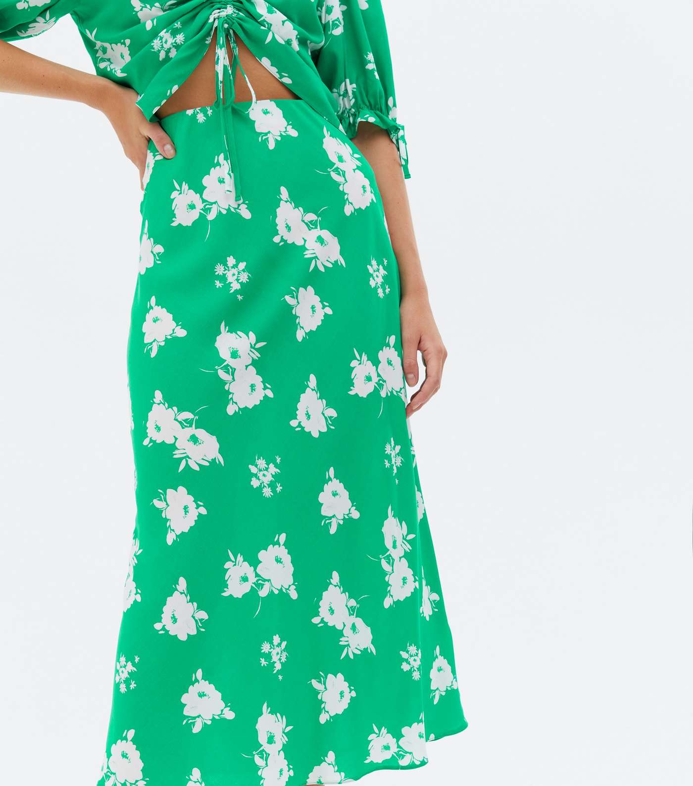 Green Floral Bias Cut Midi Skirt Image 3
