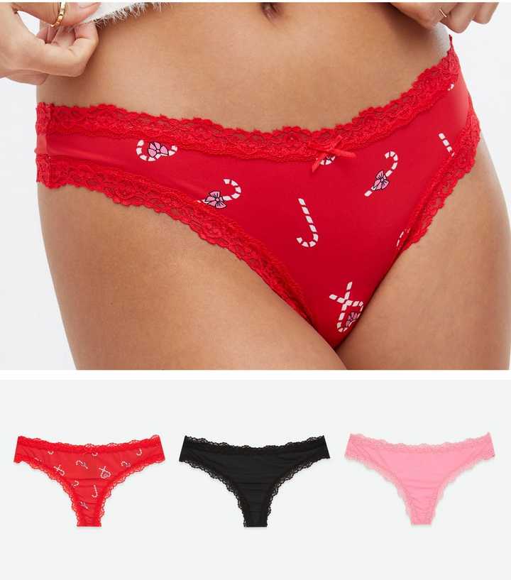 3 Pack Pink Black and Red Candy Cane Thongs