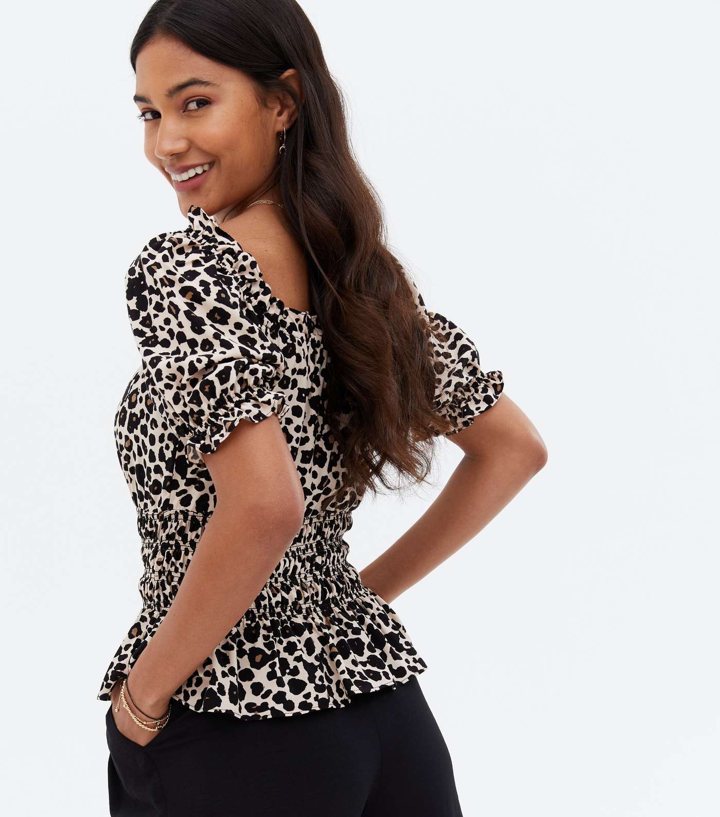Brown Leopard Print Square Neck Shirred Waist Top Image 4