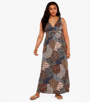 Apricot Curves Navy Feather Print Maxi 